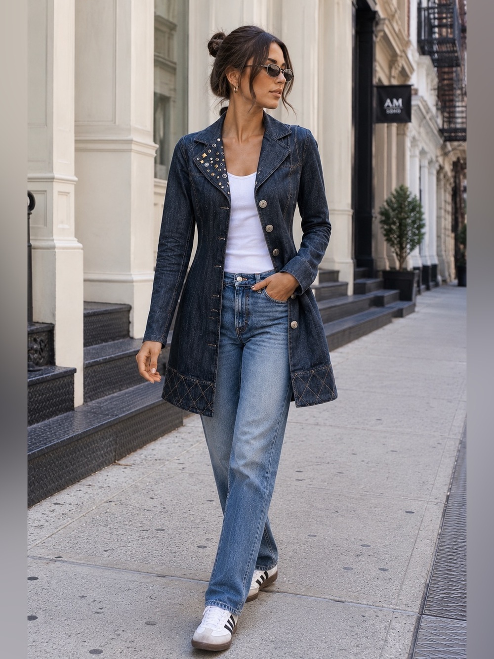 Y2K Studded Denim Coat Dark Wash Longline Stretch Jacket Pamela McCoy XS